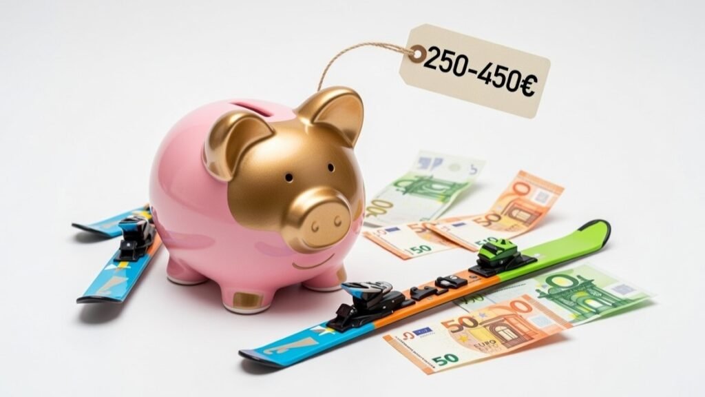 Tirelire avec skis pour débutants et étiquette de prix abordable