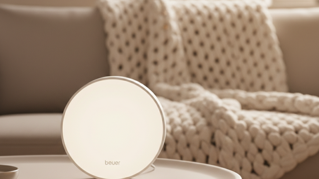 lampe ronde Beurer TL 50 sur une table basse scandinave