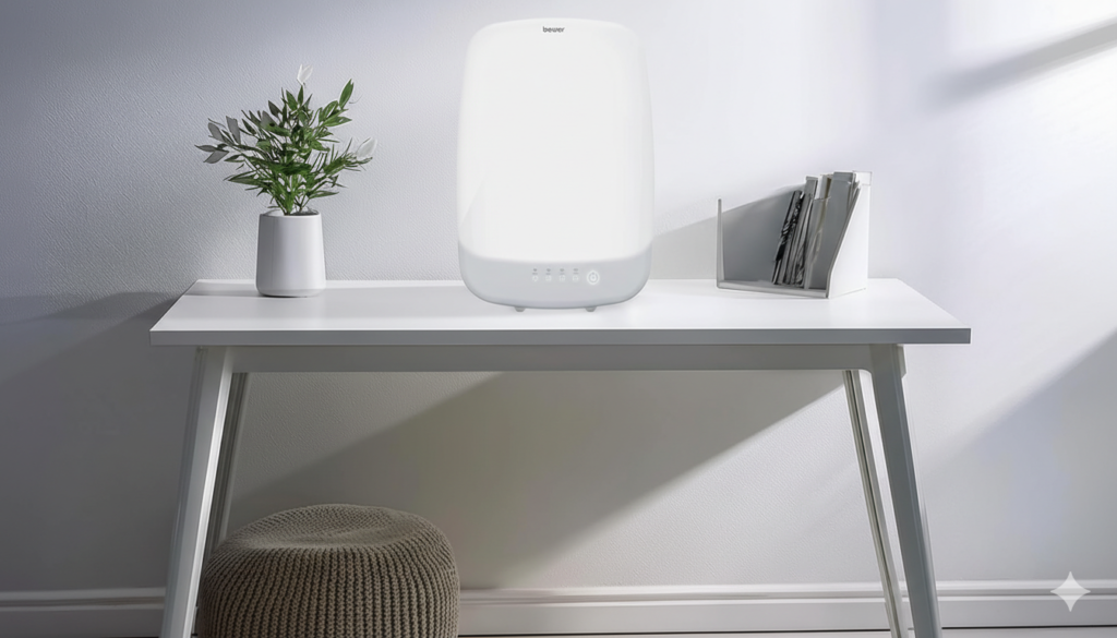 lampe Beurer TL 85 diffusant une douce lumière colorée (effet halo), placée sur un buffet dans un salon tamisé